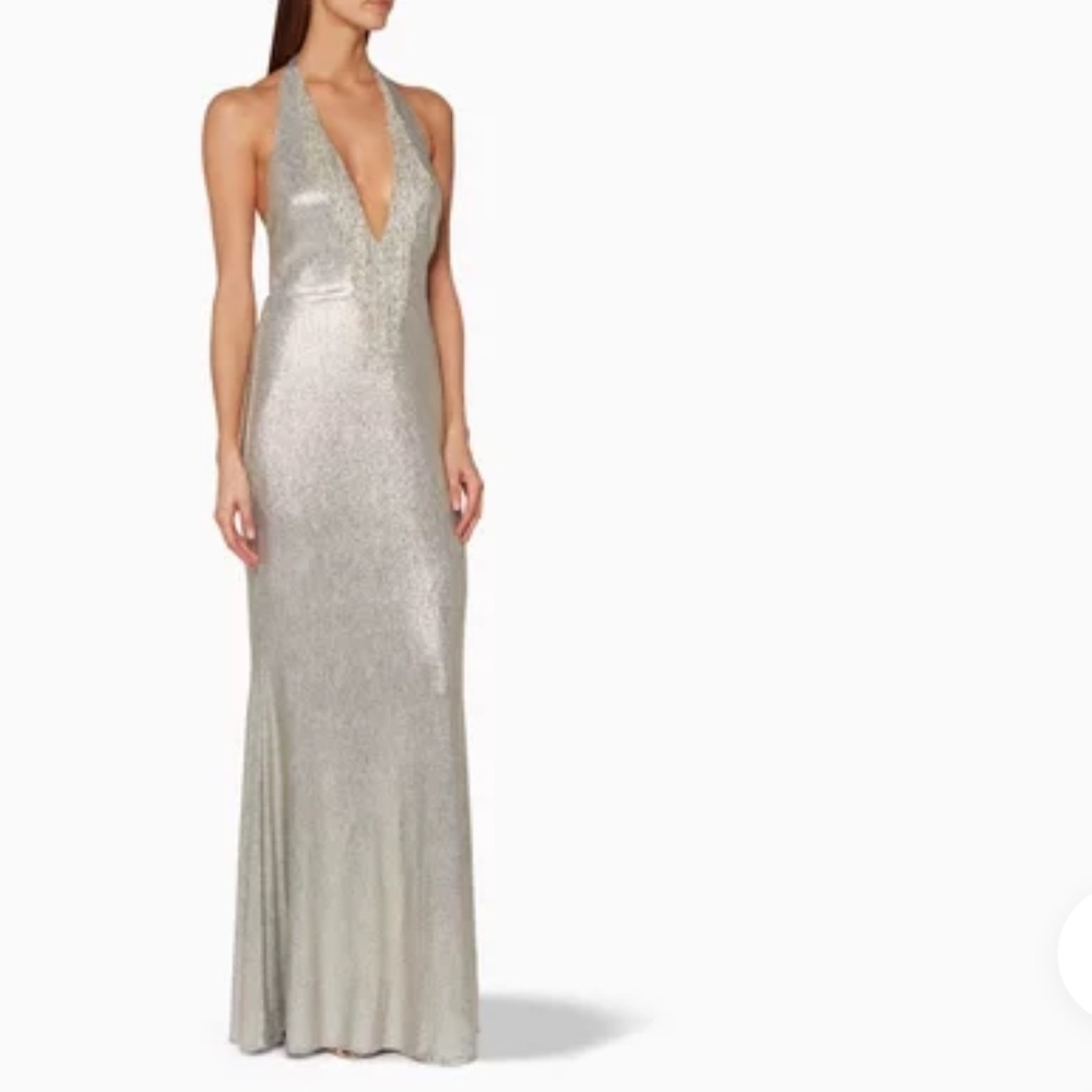Badgley Mischka Silver Halter Neck Gown with Beaded Deep V-Neck Size 12